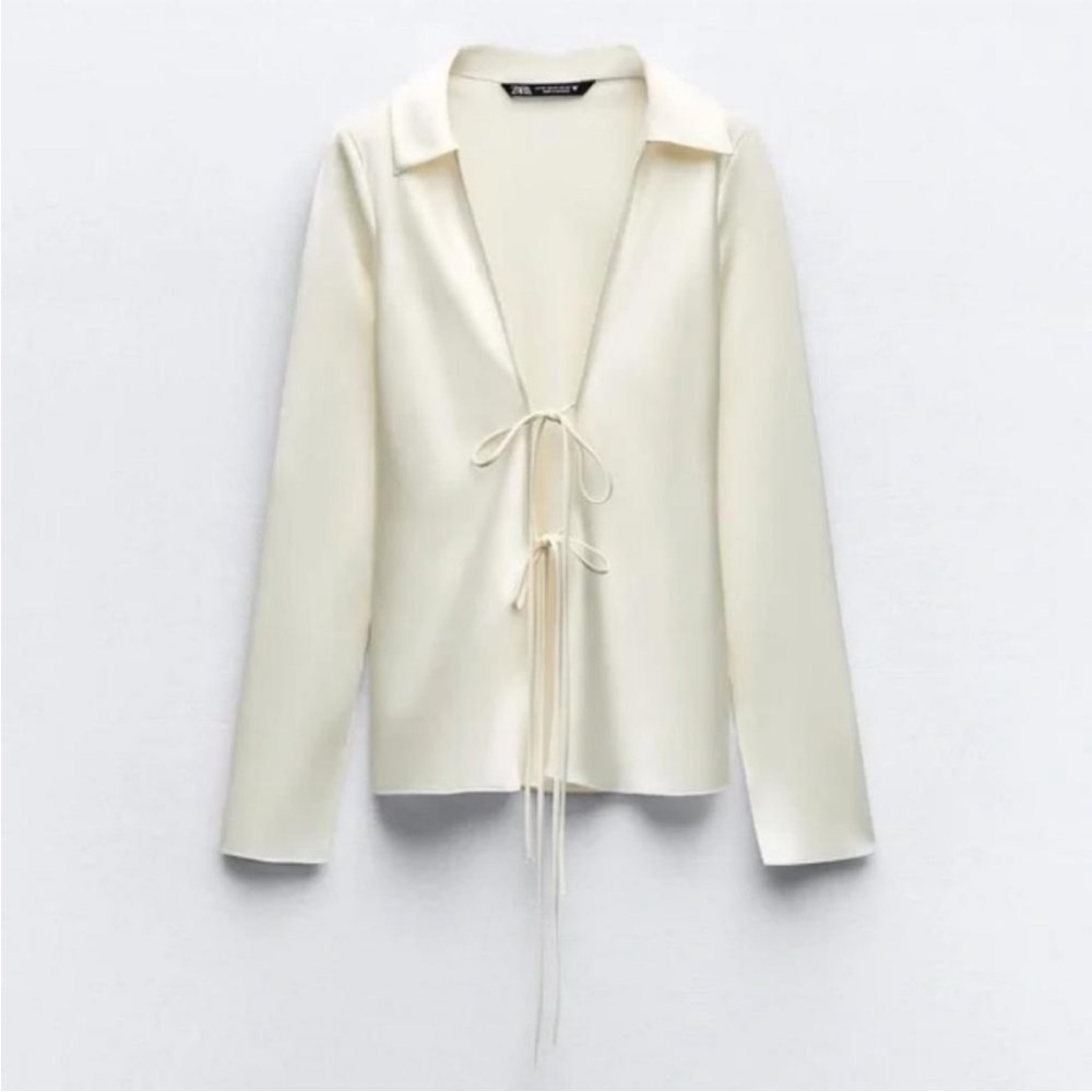 Zara Cream Tie-Front Button Down Blouse